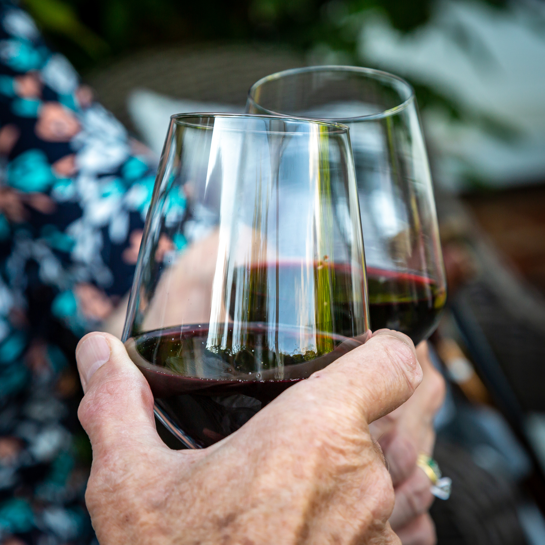 Two people clink glasses of red wine, hands visible. A floral-patterned shirt is partially seen in the background. 