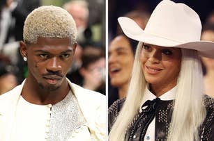 Lil Nas X in a textured suit and hat, and Beyoncé in a Western-inspired outfit with a white hat