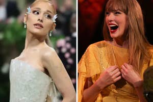 Ariana Grande in an elegant strapless dress and Taylor Swift in a stylish yellow dress, both at a music event