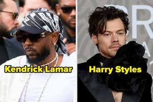 Kendrick Lamar wearing sunglasses and a bandana, and Harry Styles in a black suit with a dramatic floral accessory, featured in a music article
