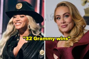 Beyoncé in a stylish black outfit and hat, smiling on stage; Adele in a red, elegant gown on the red carpet; text reads "32 Grammy wins"