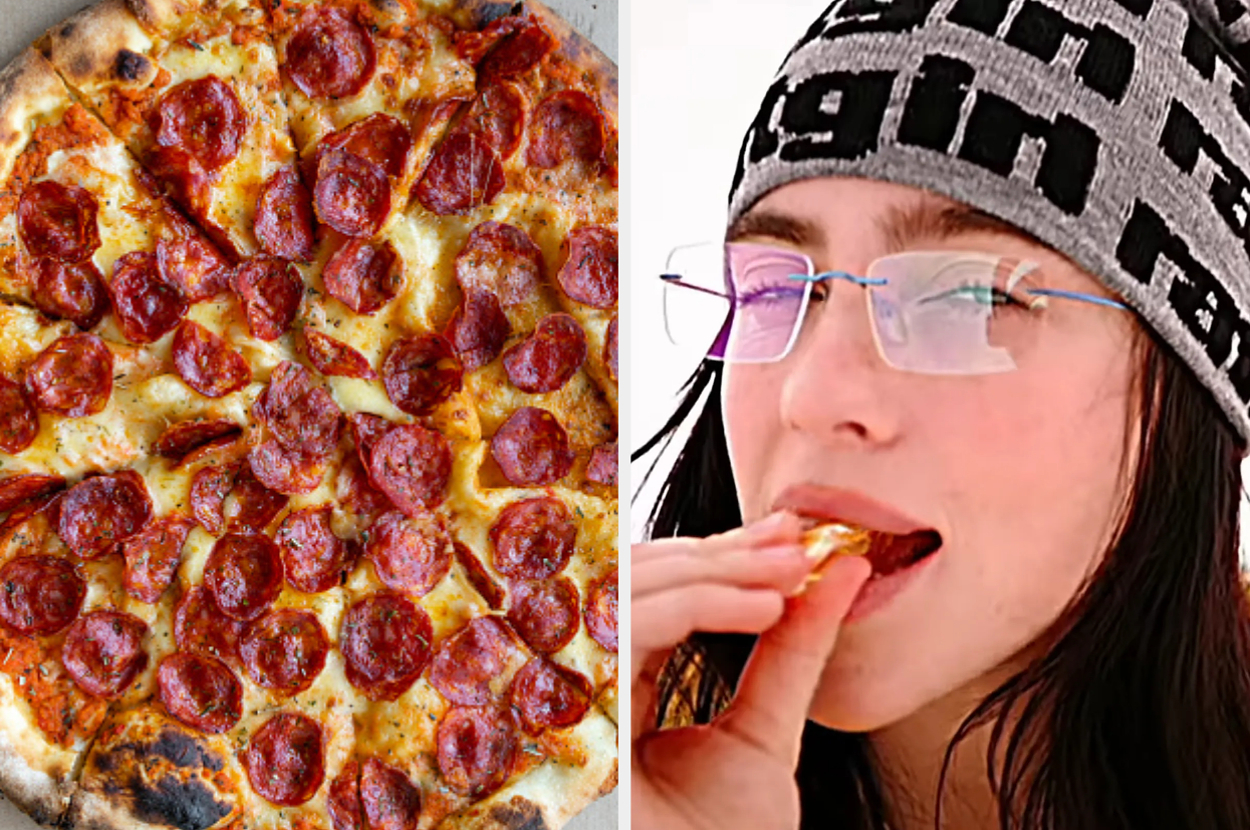 Pepperoni pizza on the left. Billie Eilish on the right, wearing glasses and a knit hat, eating a slice of pizza