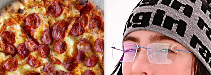 Pepperoni pizza on the left. Billie Eilish on the right, wearing glasses and a knit hat, eating a slice of pizza