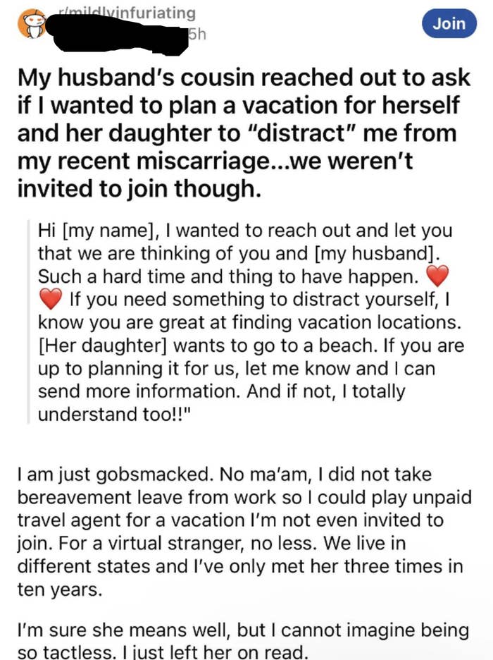 Summarized text: The user's cousin offered to take their daughter on a vacation to give them a break, adding they are always available if needed