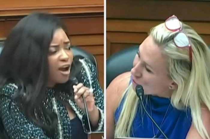 Jasmine Crockett and Marjorie Taylor Greene are seated and speaking into microphones during a heated discussion in a formal setting