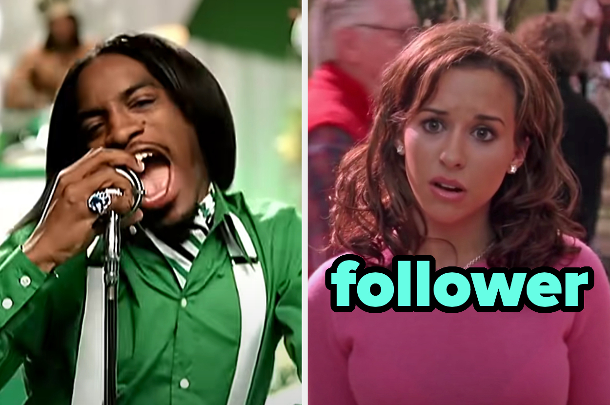On the left, Andrew 3000 singing OutKast's Hey Ya music video, and on the right, Gretchen from Mean Girls labeled follower