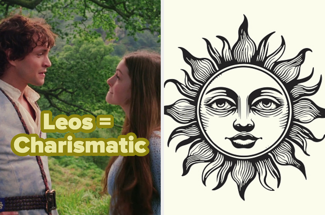A young couple gazes at each other outdoors. Text reads "Leos = Charismatic." Next to them is an artistic black and white sun illustration with a face