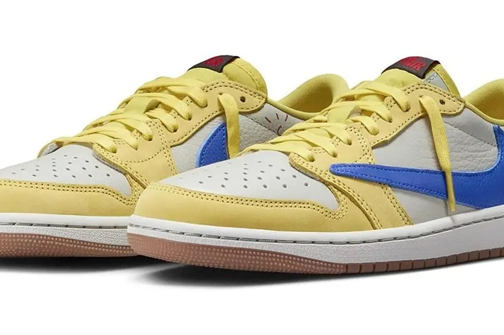 Yellow sneakers with blue details and white accents displayed prominently