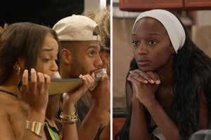 Two images from a TV show: left, contestants nervously watch from behind a barrier; right, contestant in headband thoughtfully rests her chin on her hands. Names not provided