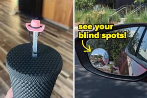 cowboy hat straw topper on straw and a blind spot mirror