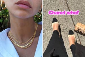 Close-up of person wearing layered gold necklaces and gold hoop earrings. Second image shows feet in two-tone shoes, black pants, and a tan quilted handbag.