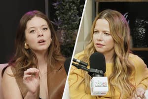 Sasha Pieterse and Andrea Barber are speaking into microphones during a podcast. Sasha wears a brown top, and Andrea wears a yellow sweater