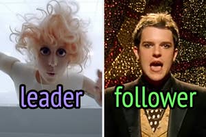 On the left, Lady Gaga in the Bad Romance music video labeled leader, and on the right, Brandon Flowers in the Killers' Mister Brightside music video labeled follower
