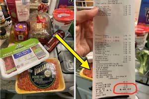 Grocery items including ground turkey, bread, and milk. Receipt shows total cost of $49.07