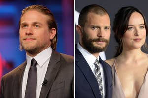 Charlie Hunnam in a suit and tie on the left; Jamie Dornan in a suit and tie next to Dakota Johnson in a plunging dress on the right