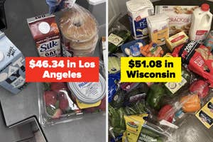 Comparison of grocery prices: $46.34 in Los Angeles with several bagels, strawberries, Silk oat milk, and Philadelphia cream cheese; $51.08 in Wisconsin with various fruits, vegetables, dairy products, and pantry staples