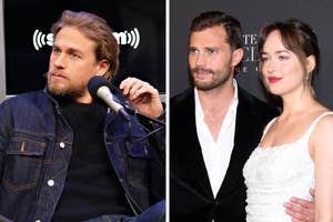 Charlie Hunnam during an interview; Jamie Dornan in a black velvet jacket and Dakota Johnson in a white dress at a red carpet event