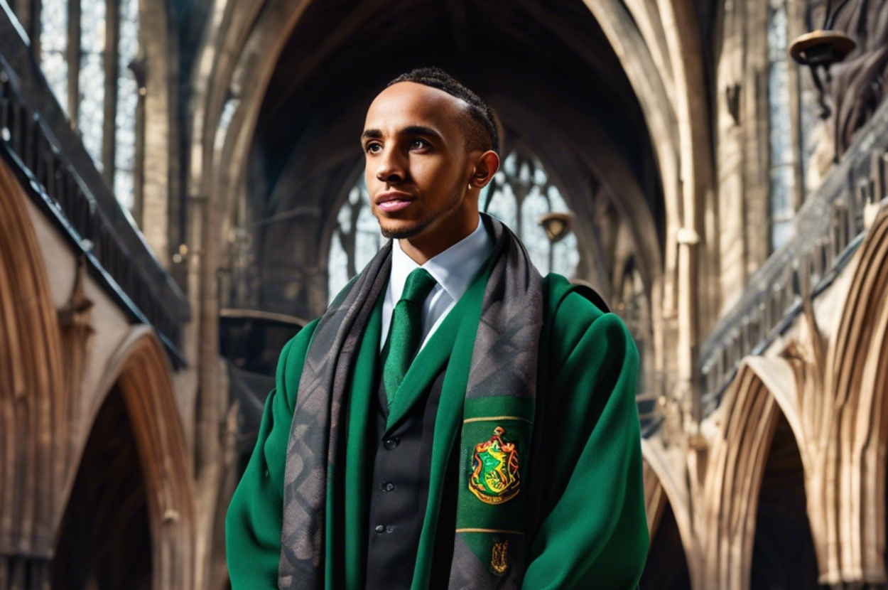 An AI version of Lewis Hamilton in a Slytherin robe in Hogwarts.