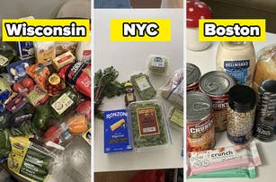 Groceries from Wisconsin, NYC, and Boston on different tables. Each city has a marked section displaying various packaged and fresh foods