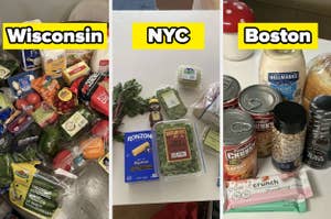 Groceries from Wisconsin, NYC, and Boston on different tables. Each city has a marked section displaying various packaged and fresh foods