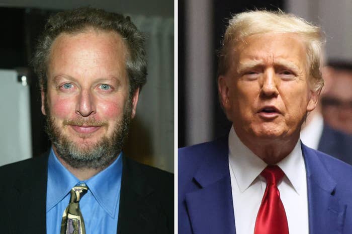Daniel Stern and Donald Trump, side-by-side photos. Stern wears a suit and patterned tie; Trump wears a suit and red tie