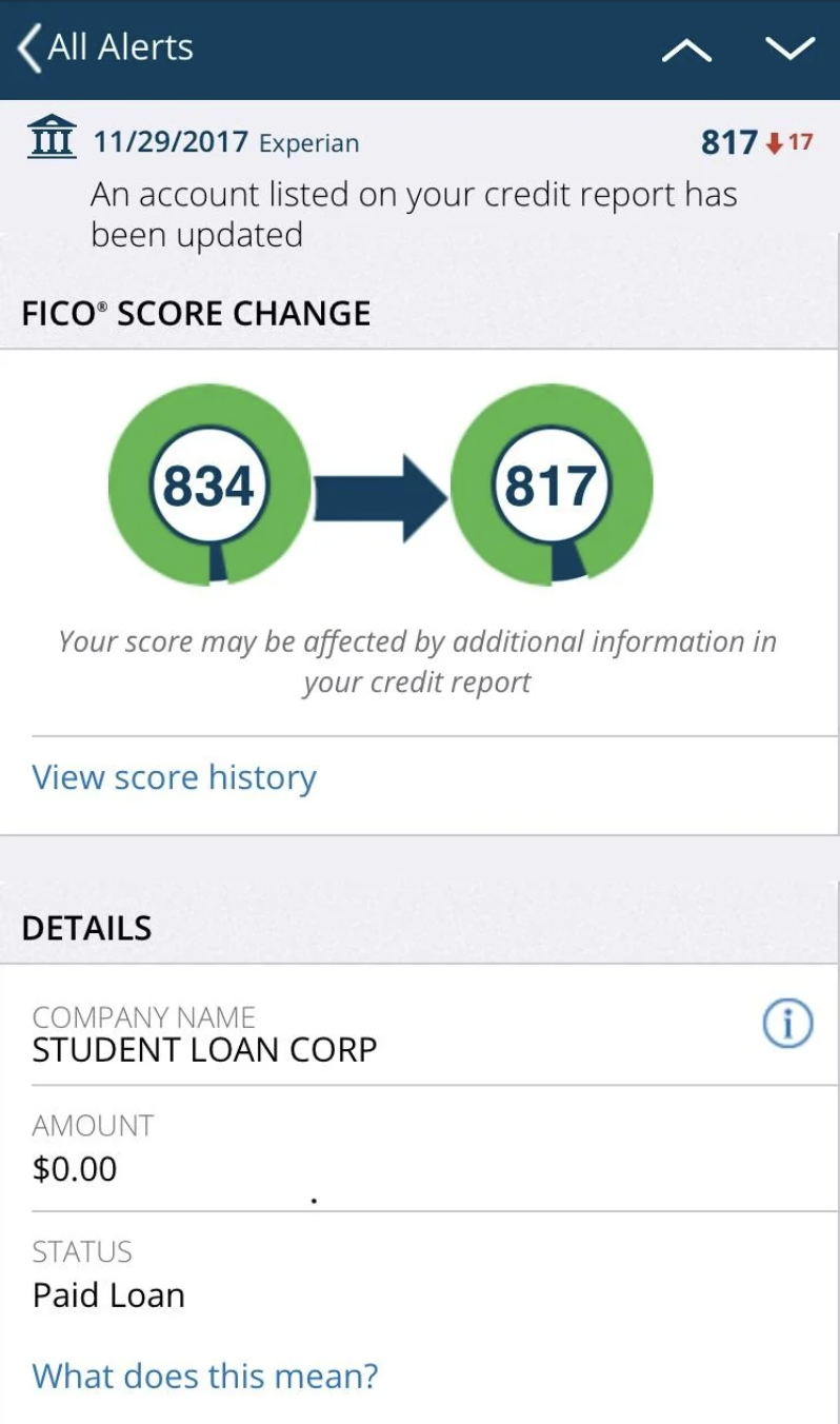 Credit score update: Your FICO score changed from 834 to 817. Company: Student Loan Corp. Status: Paid Loan with $0 balance
