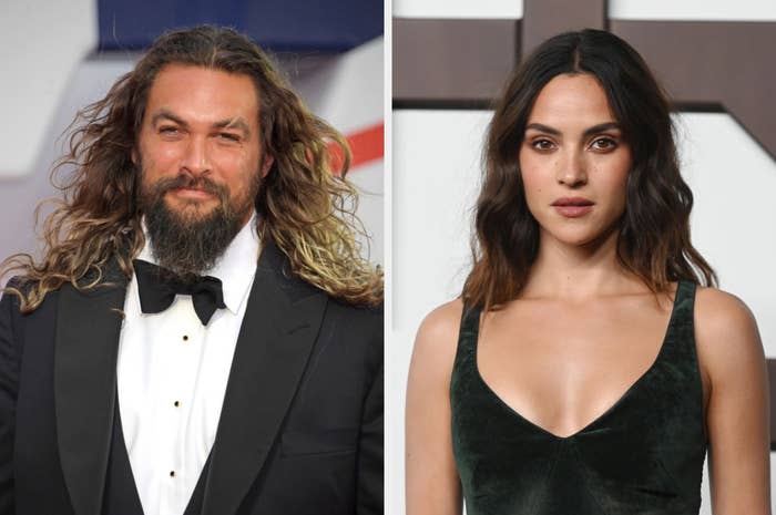 A split image of Jason Momoa in a suit and bow tie and Adria Arjona in a velvet dress