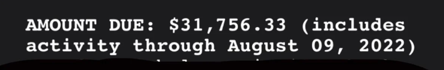 Statement with amount due $31,756.33 for activity through August 9, 2022