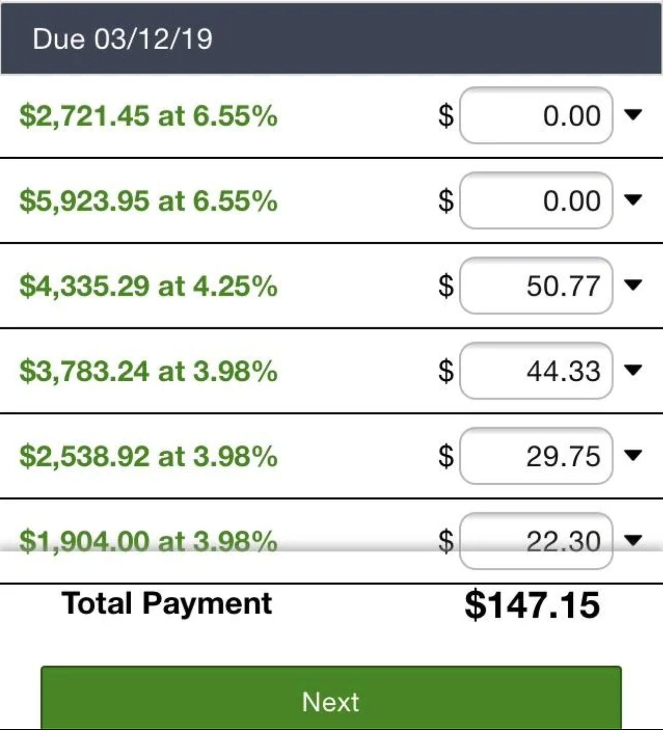 Online bill payment screen showing several balances with dates, amounts, due amount, interest rates, and a total payment due of $147.15