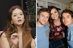 Sasha Pieterse on the left speaks into a microphone. On the right, Keegan Allen, Lucy Hale, and Tyler Blackburn pose together, smiling