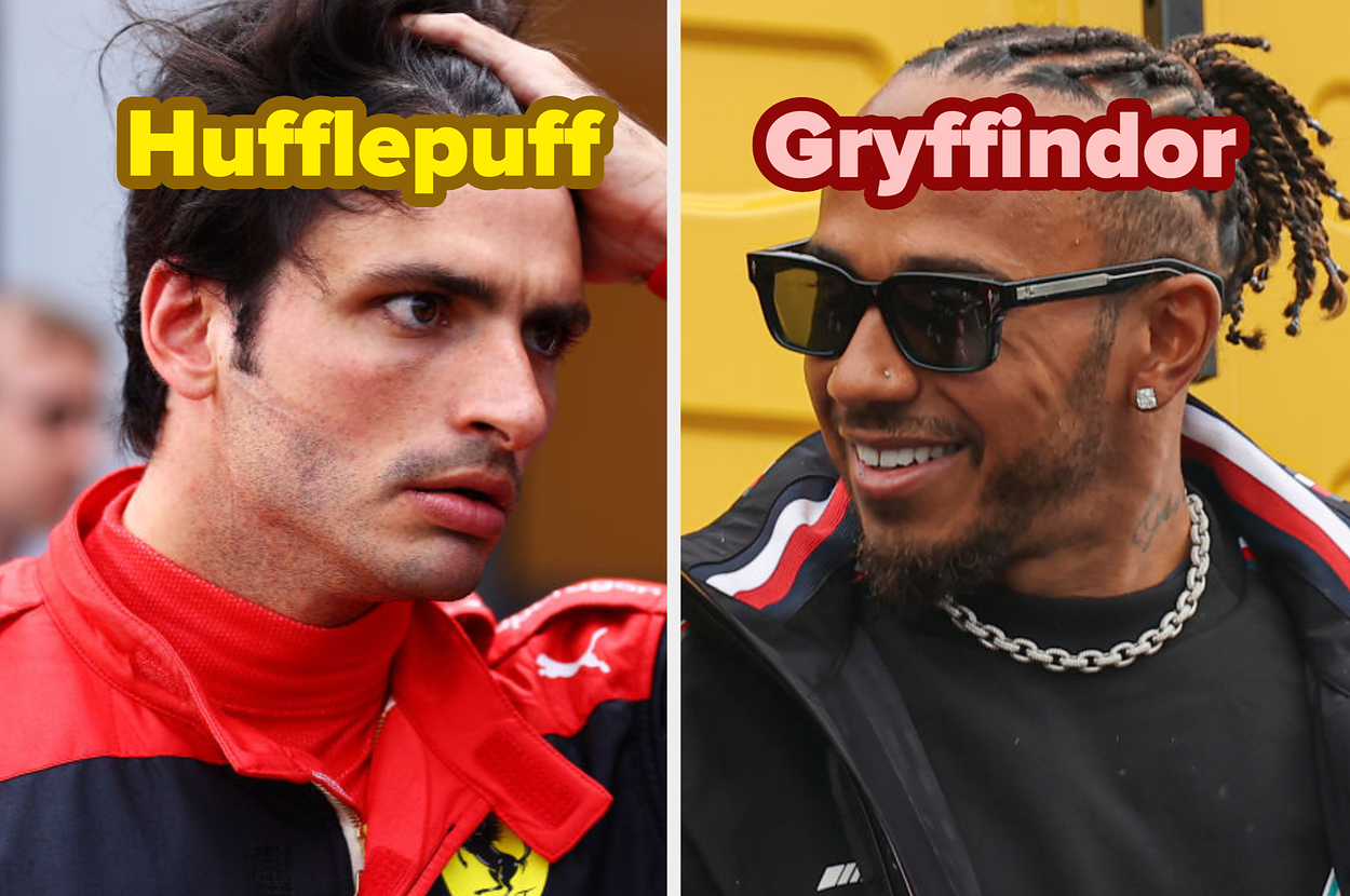 Carlos Sainz with Hufflepuff text over his image and Lewis Hamilton with Gryffindor text over his image