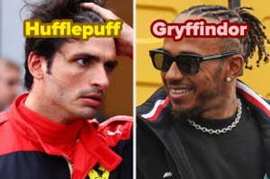 Carlos Sainz with Hufflepuff text over his image and Lewis Hamilton with Gryffindor text over his image
