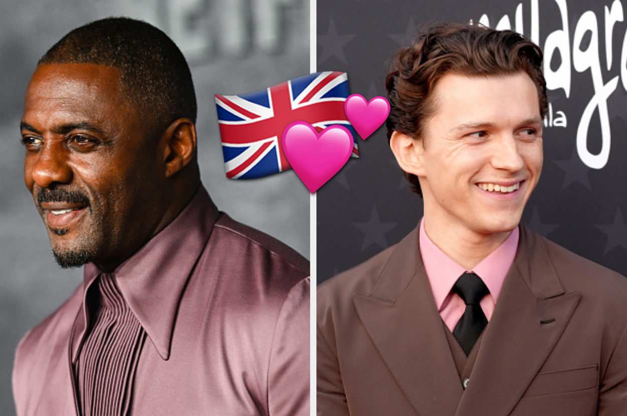 Idris Elba in a shirt and tie, and Tom Holland in a suit and tie, smiling side by side with a UK flag and heart emojis between them
