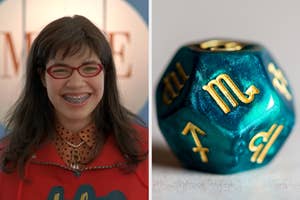 On the left, America Ferrera smiling as Betty on Ugly Betty, and on the right, a dice with a Scorpio symbol on it