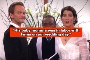 Neil Patrick Harris and Cobie Smulders look shocked in a wedding scene, with a quote overlay: "His baby momma was in labor with twins on our wedding day."