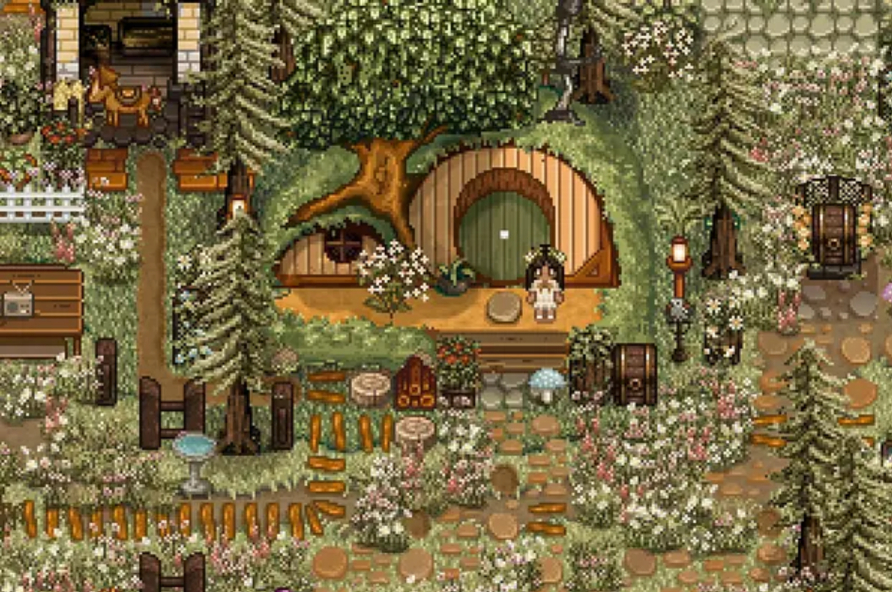 A pixel art scene of a cozy, hobbit-like house built into a hillside, surrounded by lush greenery, trees, and various decorative garden elements