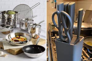 Left: 12-piece stainless steel cookware set. Right: black knife block set