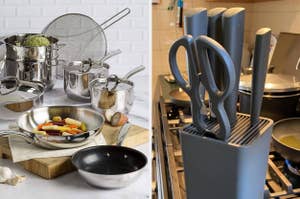 Left: 12-piece stainless steel cookware set. Right: black knife block set