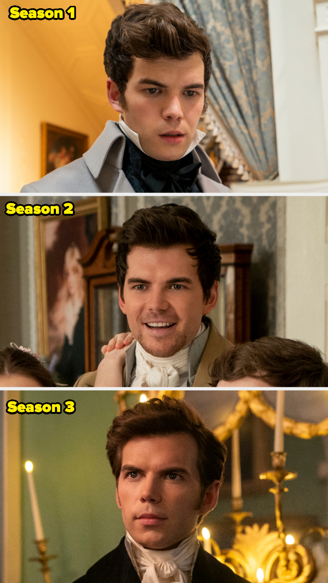 Luke Newton as Colin Bridgerton in three different scenes from Seasons 1, 2, and 3 of the TV series "Bridgerton"