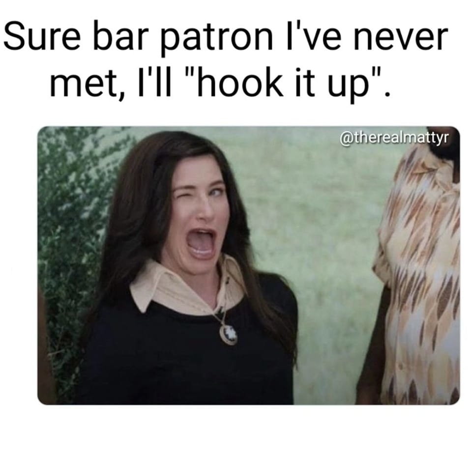 A meme with Kathryn Hahn winking, captioned, "Sure bar patron I've never met, I'll 'hook it up'." User @therealmattyr
