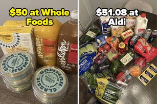Two displays of groceries: one with fewer, pricier items from Whole Foods costing $50, and another with more, budget-friendly items from Aldi costing $51.08
