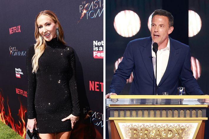 Sarah Jessica Parker in a black sequin dress at a red carpet event; Ben Affleck in a blue suit and tie speaking at a podium
