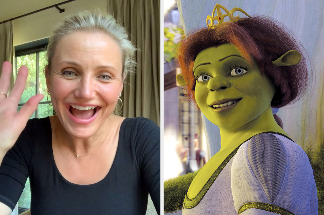 Cameron Diaz smiles and waves in a video call on the left. Princess Fiona from Shrek, with a tiara and medieval dress, is on the right