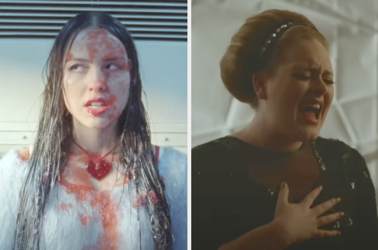 On the left, Olivia Rodrigo in the Bad Idea Right music video, and on the right, Adele in the Rolling in the Deep music video