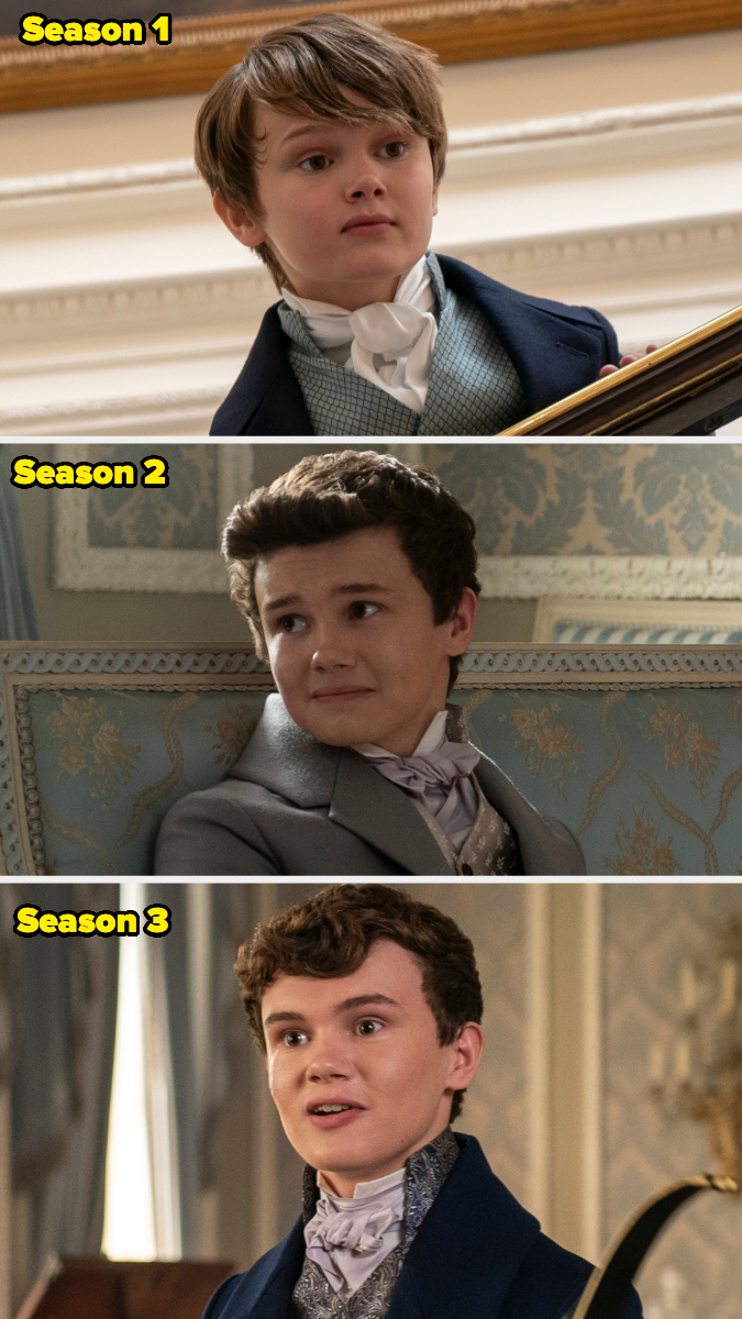 Will Tilston as Gregory Bridgerton in three different seasons of Bridgerton, depicting his character's growth. He wears elegant period costumes in all images