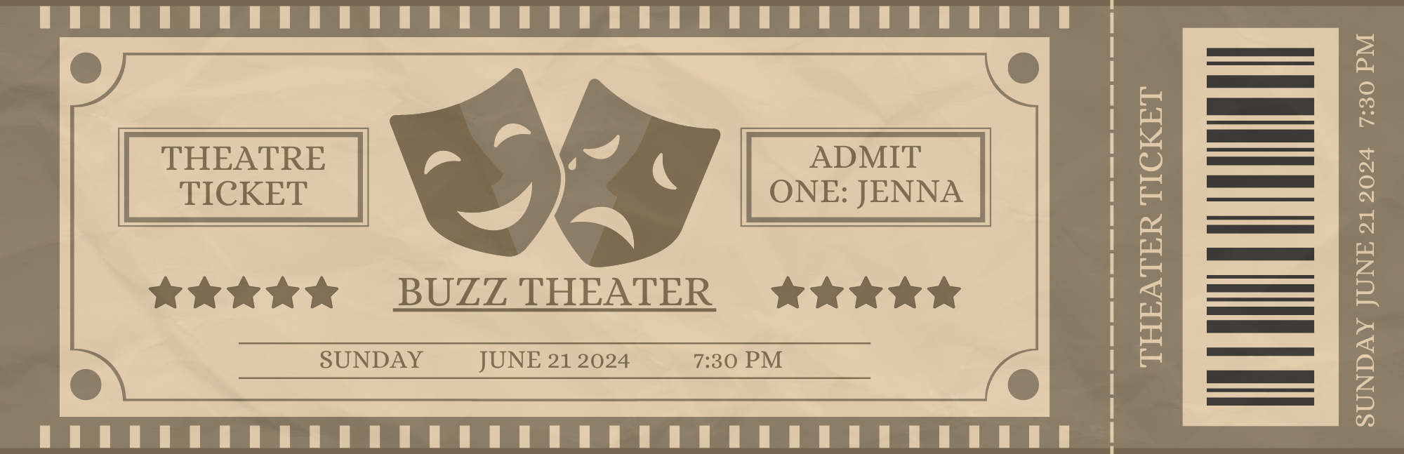 Buzz Theater ticket for &quot;Sunday, June 21, 2024, 7:30 PM.&quot; Ticket admits one person named Jenna