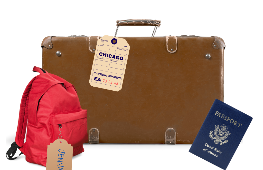 A large suitcase with a Chicago travel tag, a red backpack labeled &quot;JENNA,&quot; and a United States passport