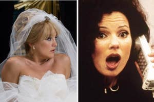 kate hudson in a bridal gown and veil, looking to the side. Fran Drescher with an astonished expression, holding a phone