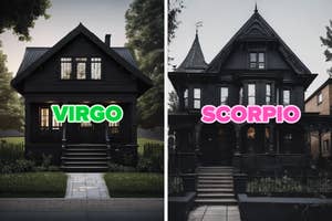 Two houses are shown side by side. The left house, labeled "VIRGO," has a tidy and well-kept yard. The right house, labeled "SCORPIO," is more gothic and mysterious