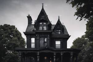 A spooky, gothic-style Victorian house with intricate details, set among overgrown vegetation. The image evokes a haunted atmosphere